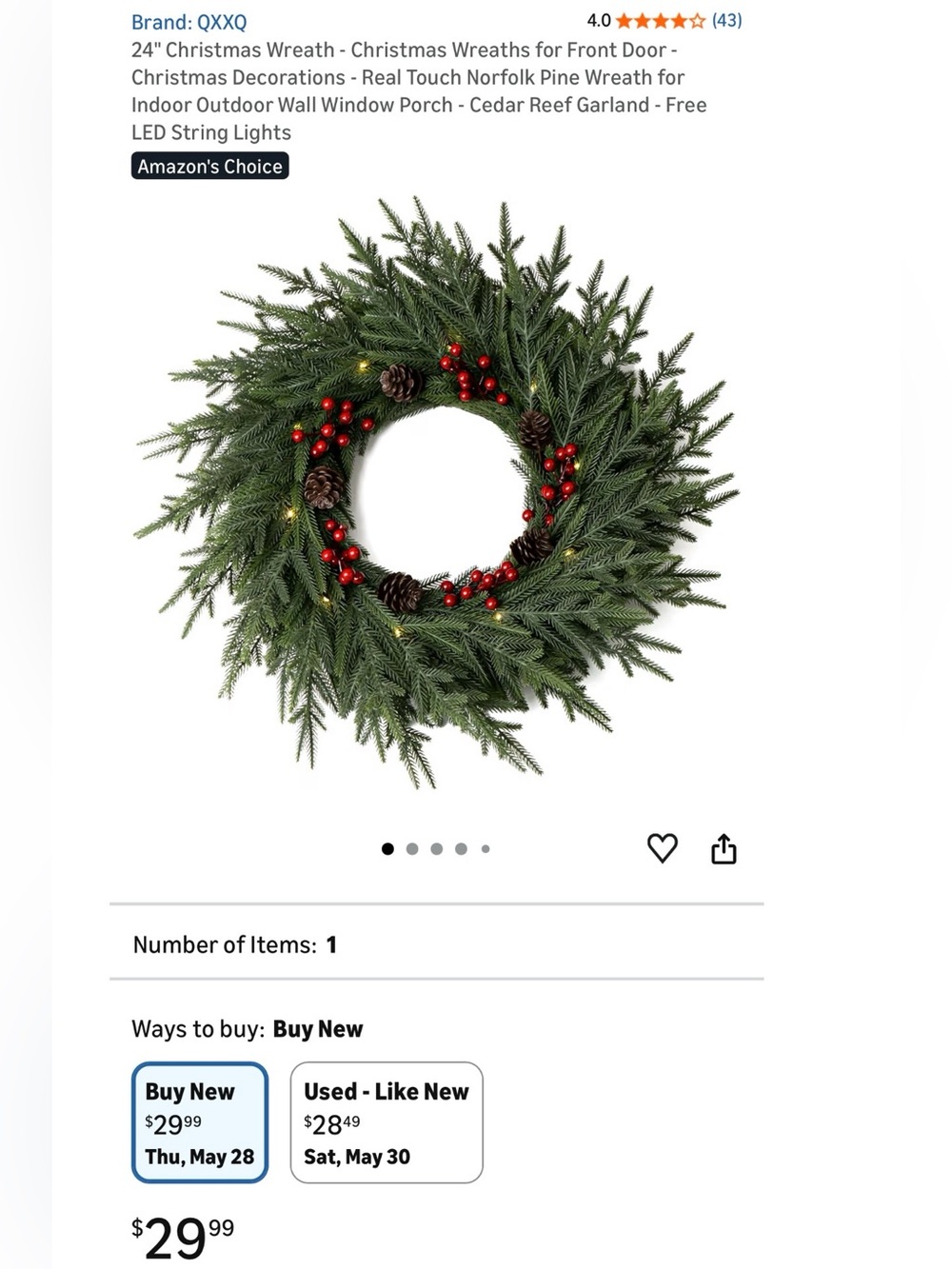 🆕 24" Christmas Wreath, Real Touch Norfolk Pine, Indoor/Outdoor.